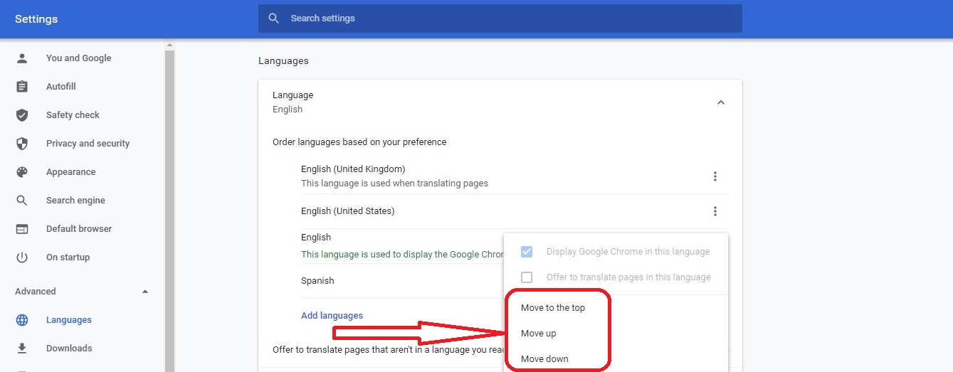 Chrome Change Language Reorder Browser languages