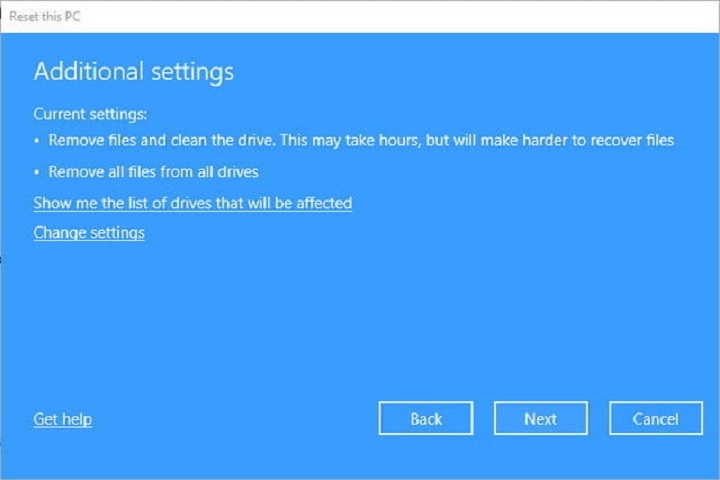 Reset Remove Files Addition Settings Drives Affected